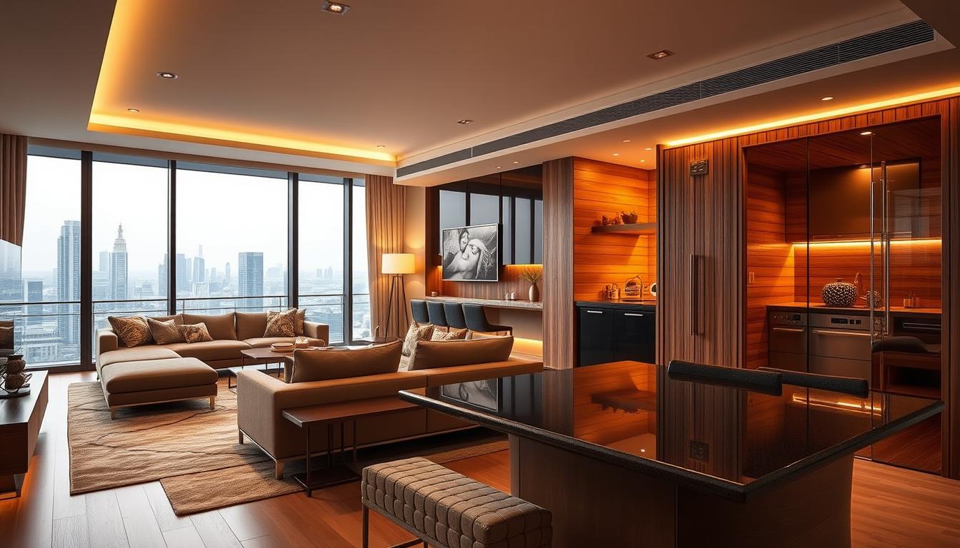 Modern luxury apartment interior featuring an onsite sauna for ultimate relaxation and stylish living