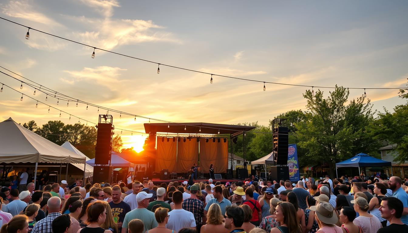 Crowd enjoying a live outdoor concert in Medford, Wisconsin, with colorful stage lights in the background, part of the 2024 concert schedule