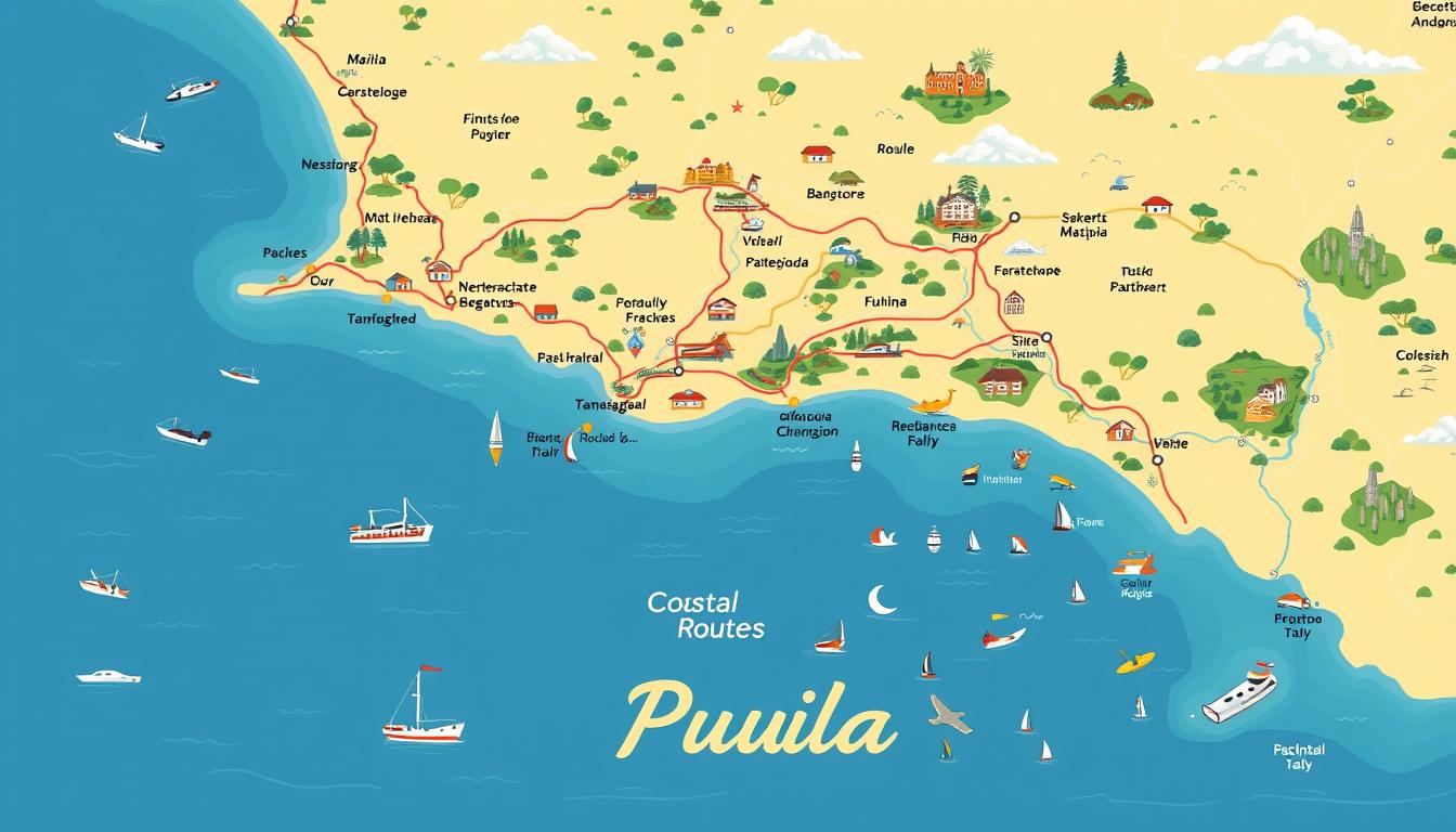 Puglia map featuring coastal towns and historical sites.