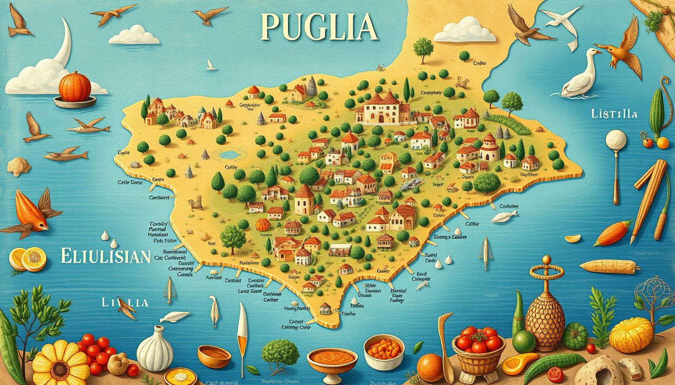 Image of a detailed Puglia map showing major cities and landmarks.